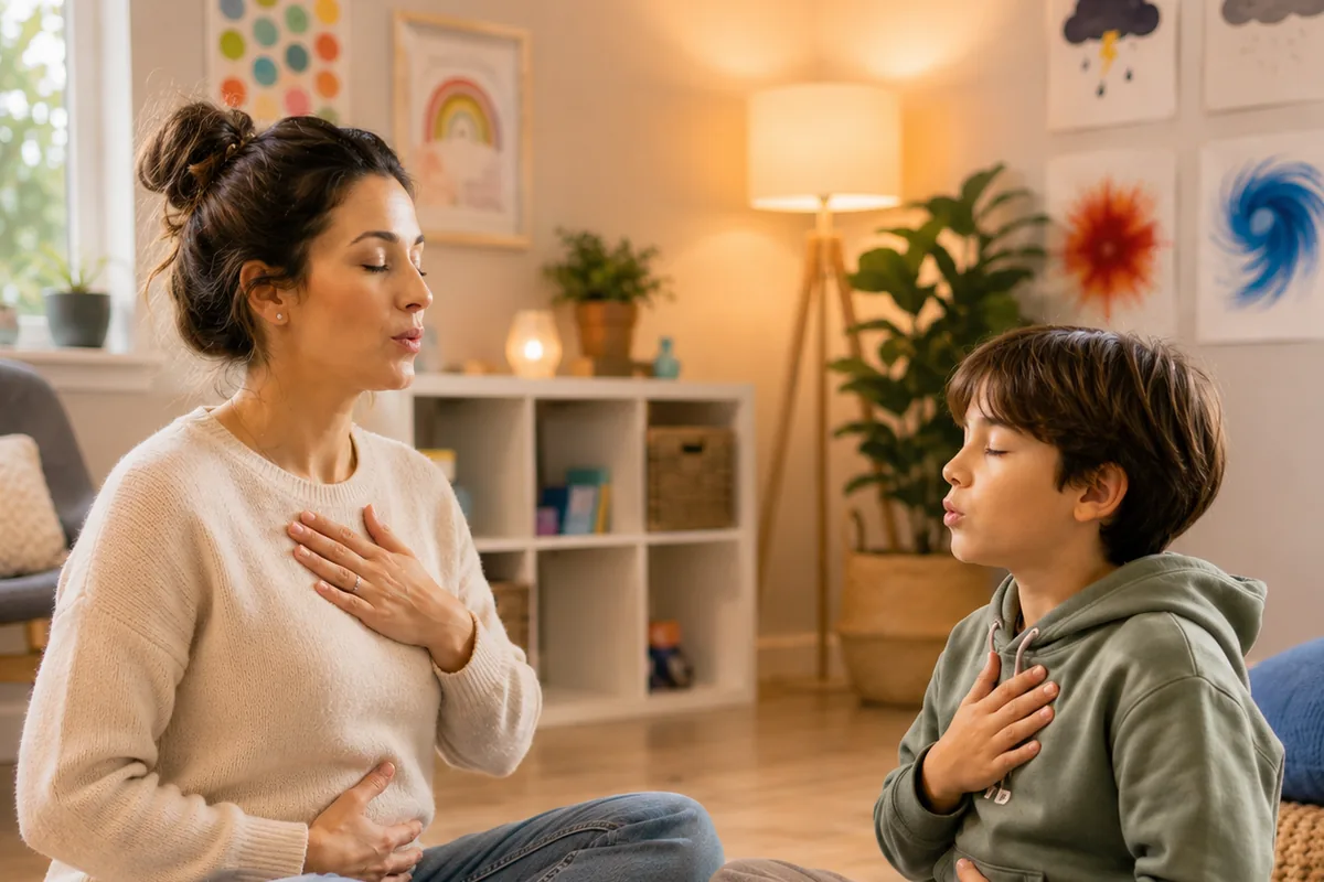 Illustrative image for the managing big emotions webinar — a parent and child sitting facing each other, each with a hand on their chest, practising slow breathing
