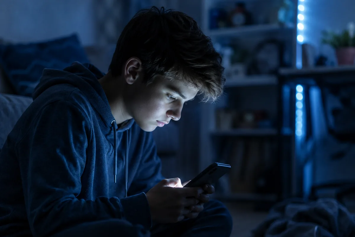 Illustrative image for the screen dependency webinar — a teenager sitting on the floor at night, lit by a phone screen