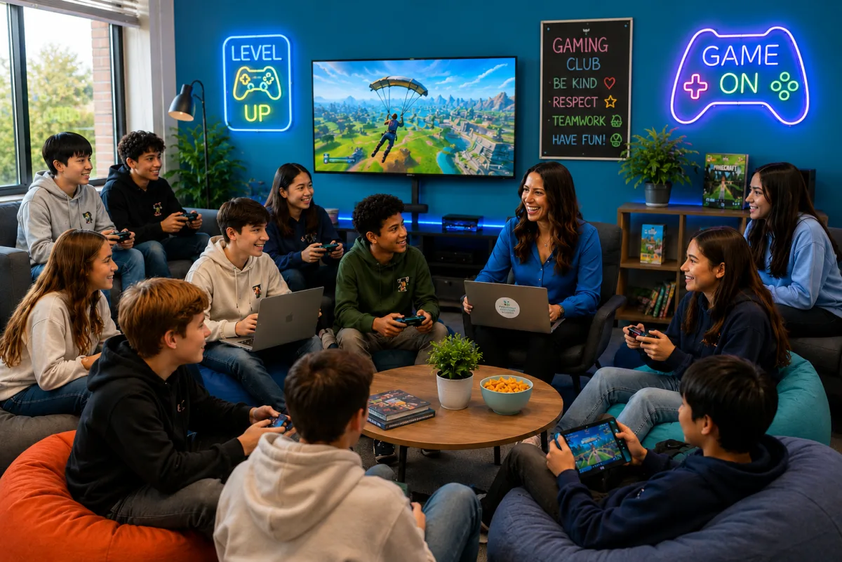 Children and teenagers gaming together during the Gaming Holiday Workshop