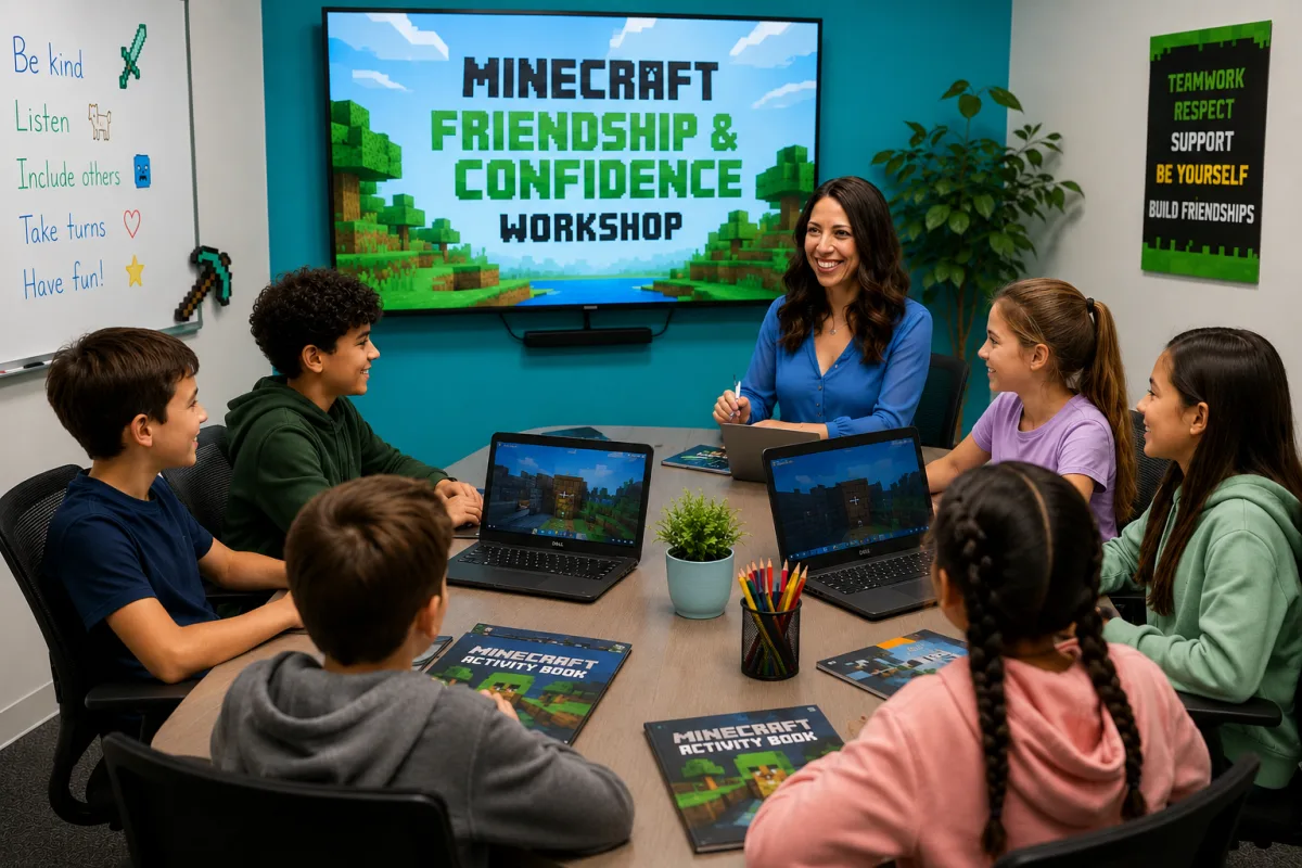 Children collaborating on a Minecraft build together during the workshop